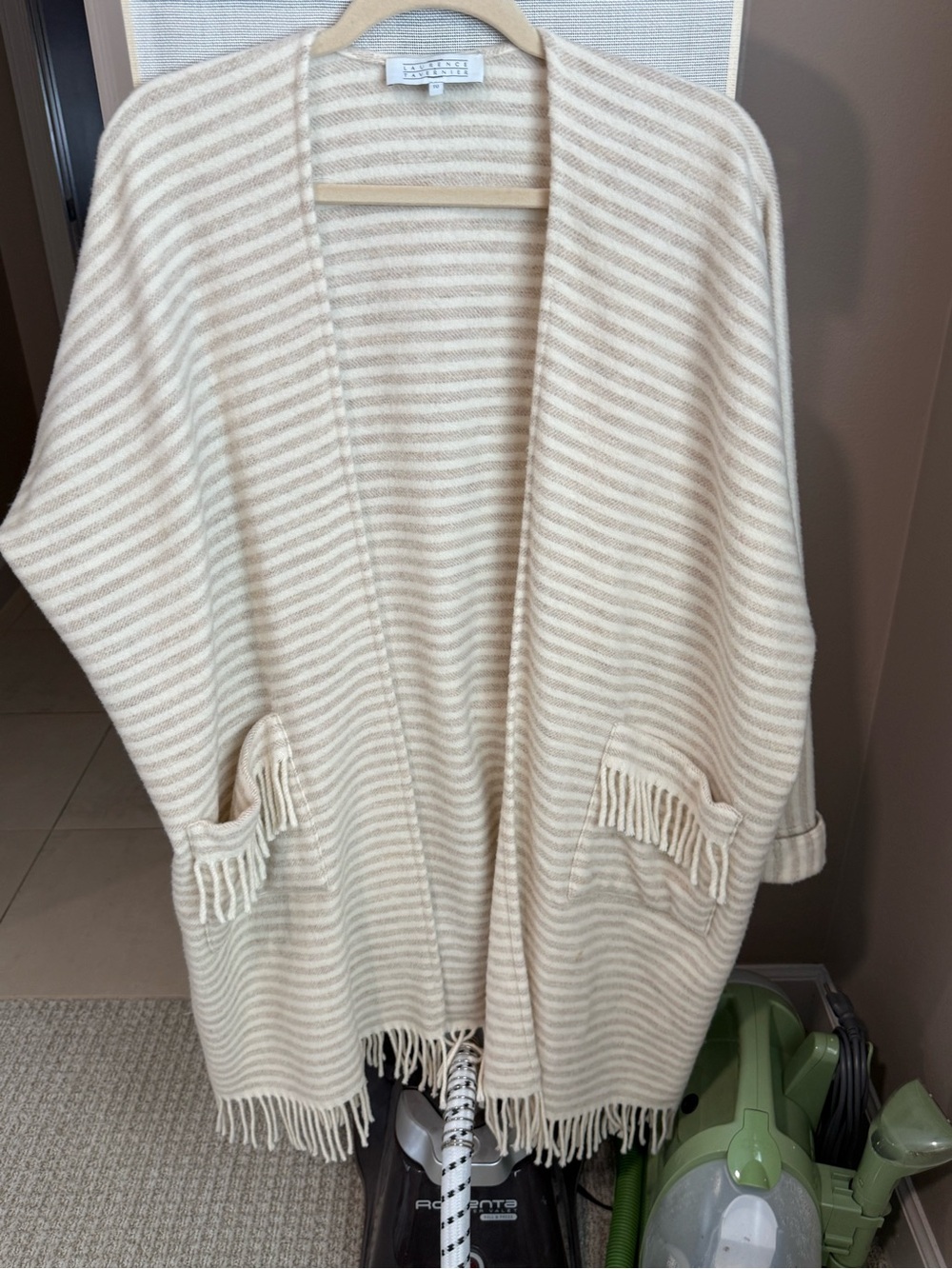 Laurence Tavernier Cream & Beige Striped Fringe Open-Front Poncho